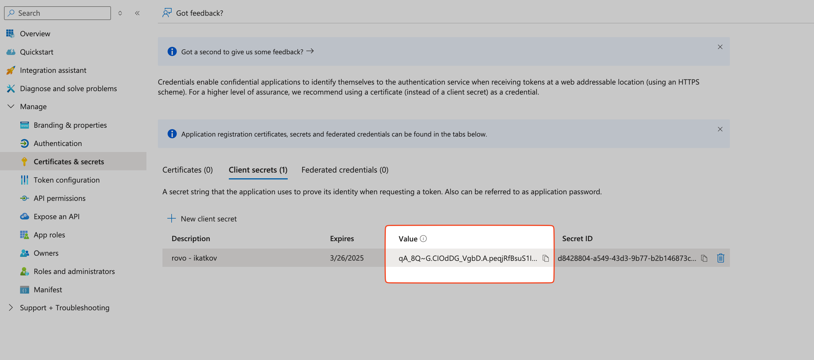 Screenshot of the value field in a new client secret in Azure portal