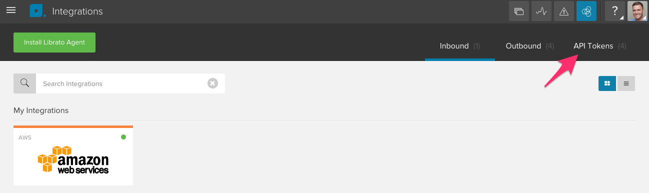 screenshot of where to find API tokens in the Librato dashboard