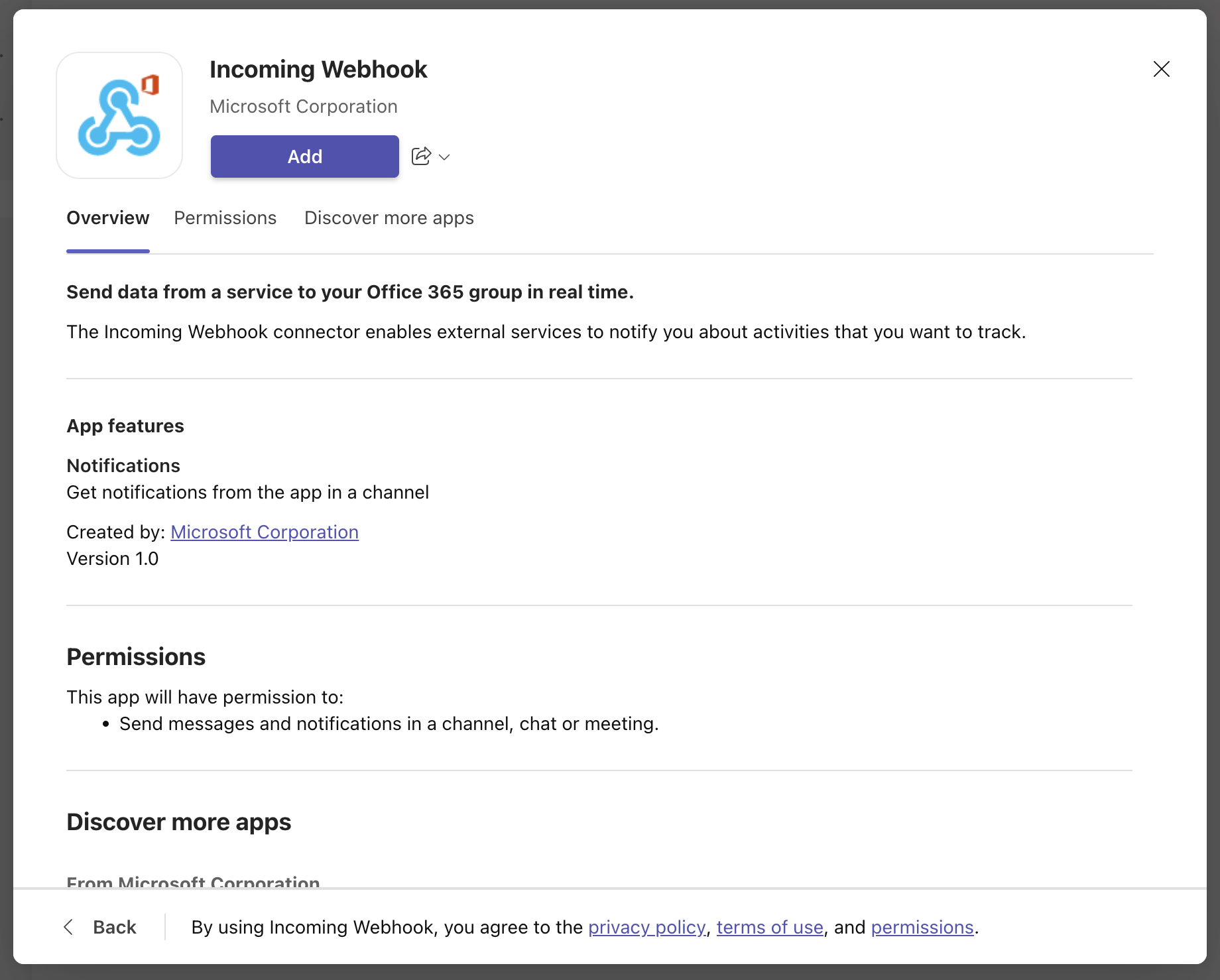 Microsoft Teams のダイアログで、受信 Webhook の説明と、上部に目立つ [追加] ボタンが表示されています。