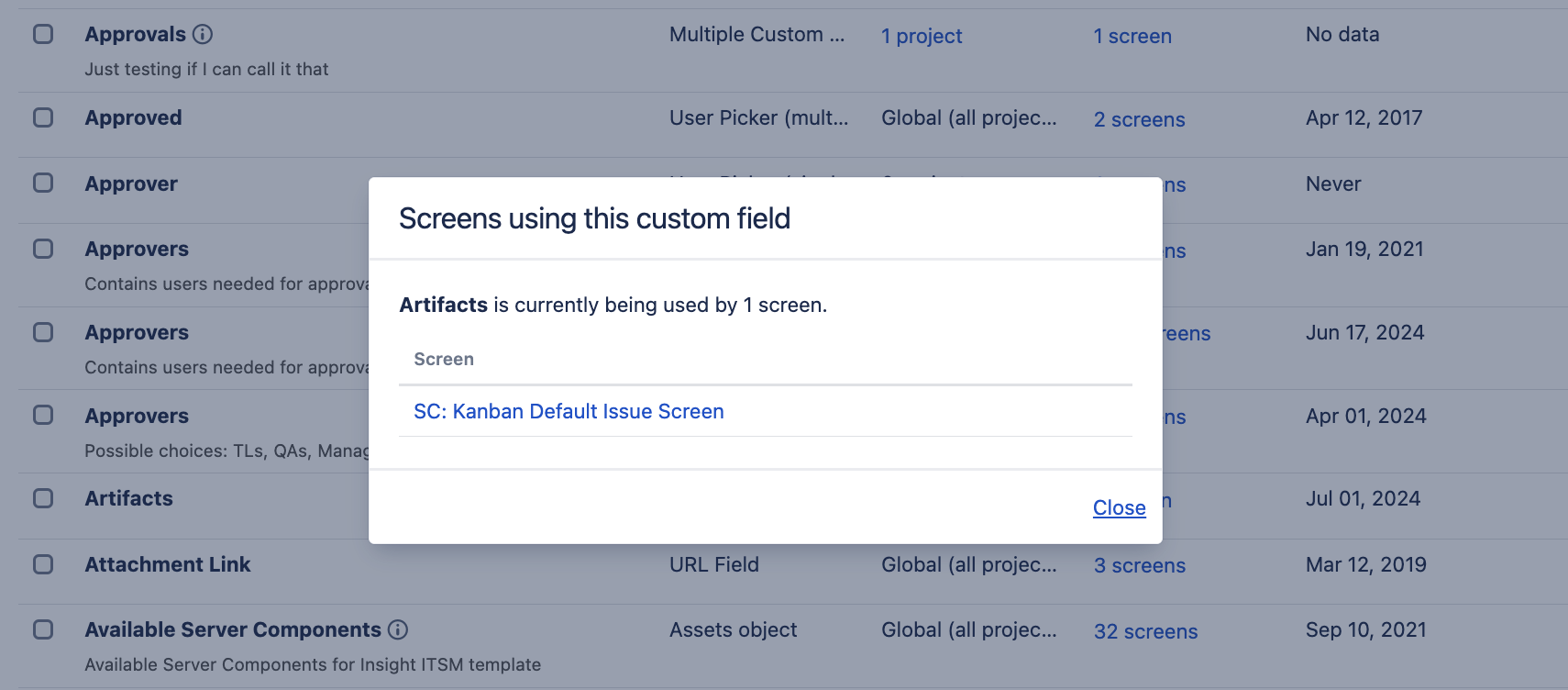 List of screens using a specific custom field.