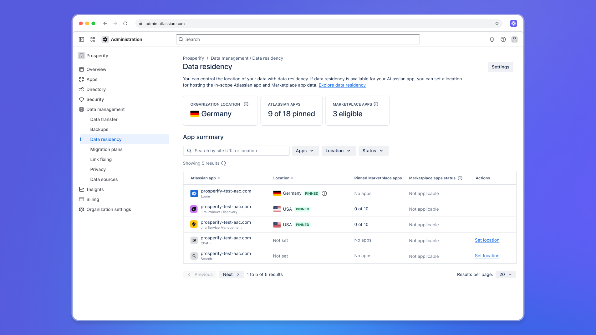 Within Atlassian Administration, screen for viewing pinned data residency locations