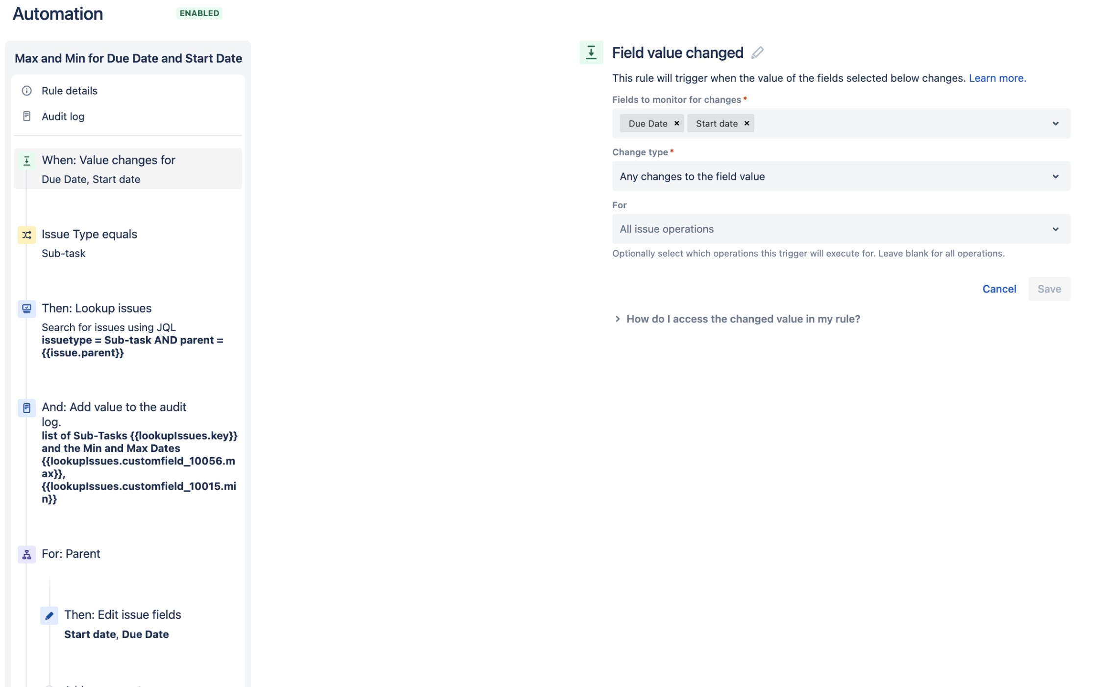 Set Start date as min and End date as max date on Parent