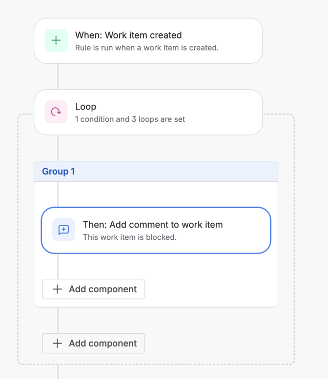 Screenshot of an automation rule where “Work item created” trigger can comment 3 times until a condition is met. 