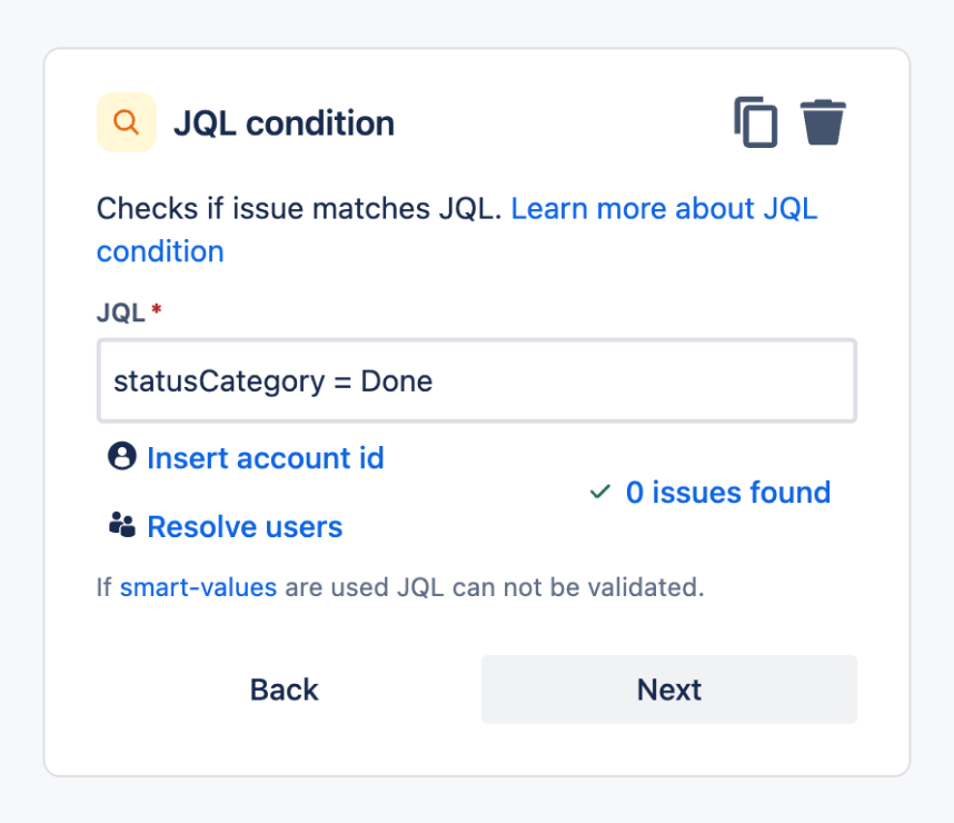 Jira 自動化の JQL 条件コンポーネント