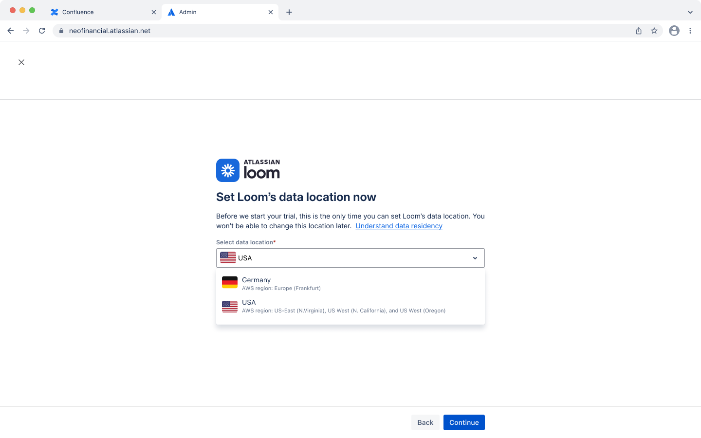 Dropdown menu shows option to select USA or Germany for Loom's data location