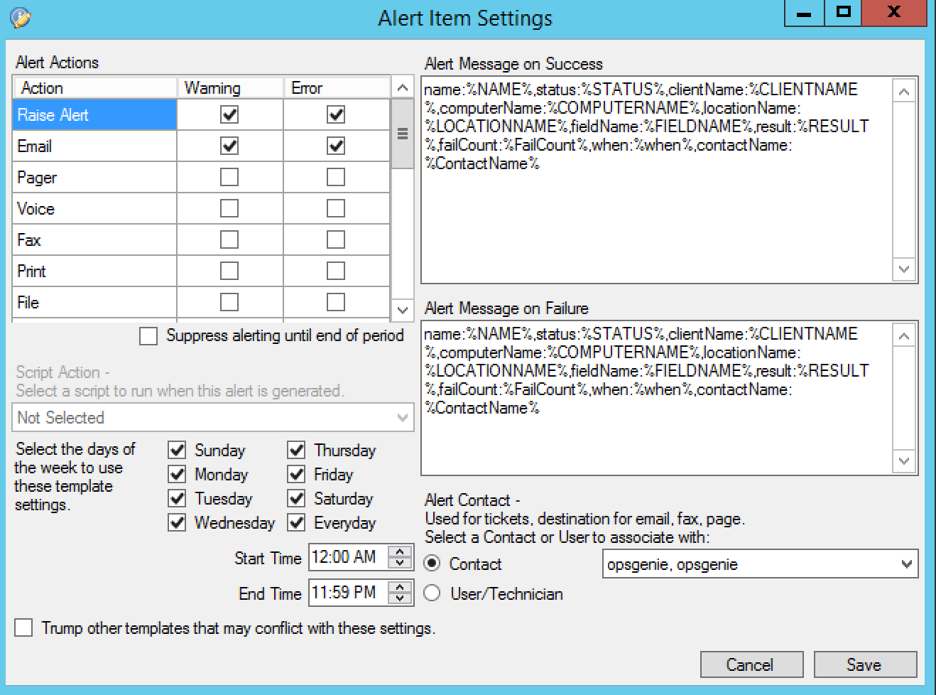 ConnectWise Automate (Email) alert settings