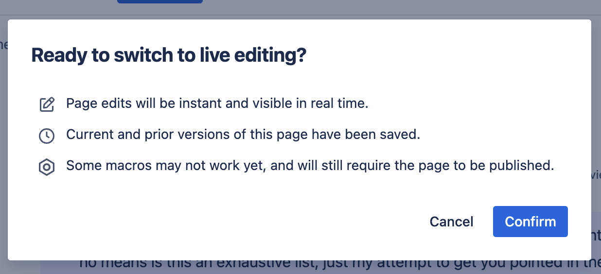 A view of the Switch to live editing modal that confirms if you want to switch to live editing a Confluence page