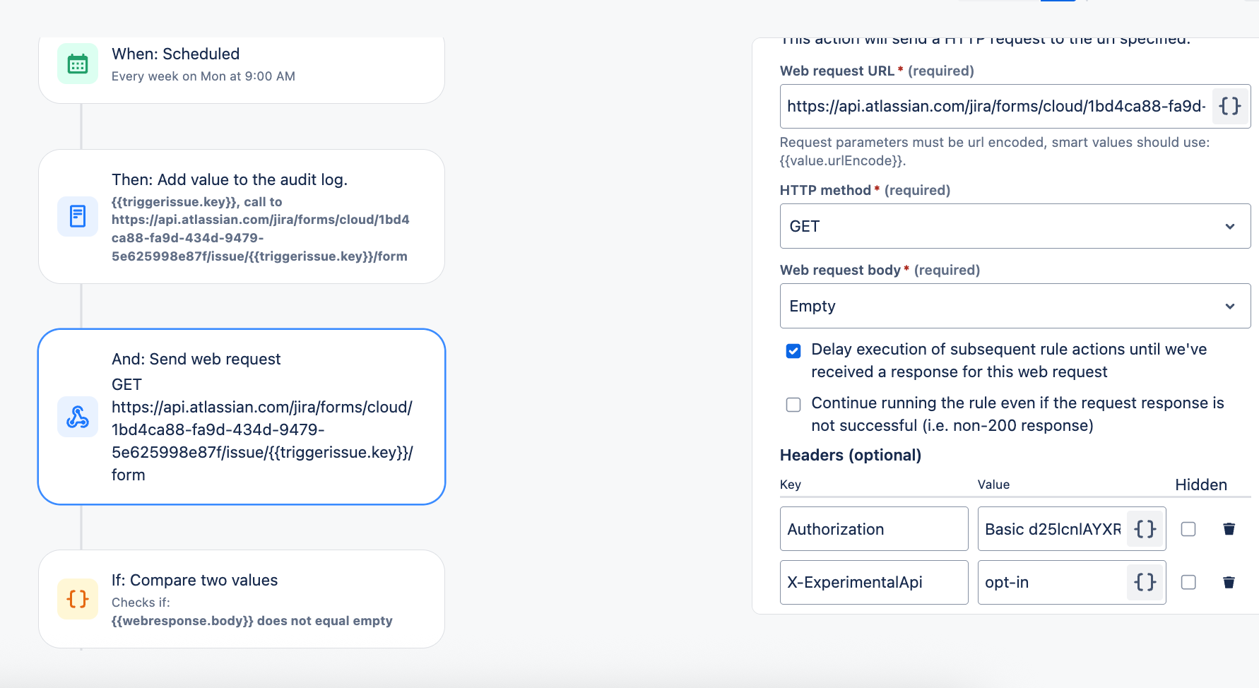 Screenshot of a Jira automation rule configuration, showing a scheduled trigger, adding a value to the audit log, sending a web request to the Jira Forms API, and comparing the response body.