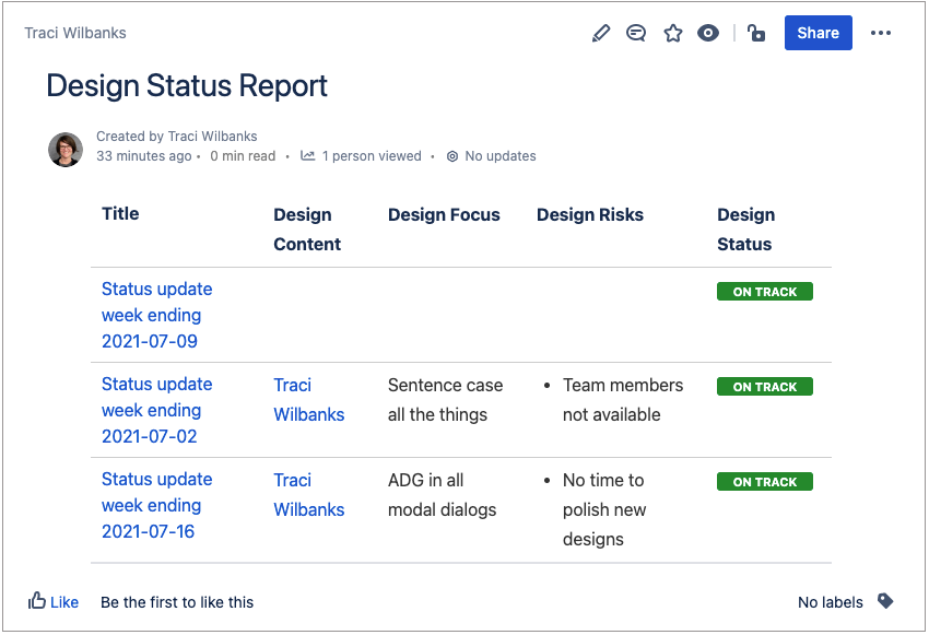 Status report page for a single team