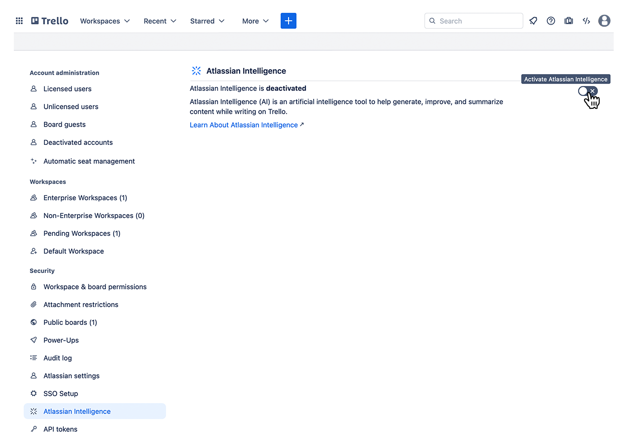 Screenshot showing the toggle to enable Atlassian Intelligence in the Enterprise Dashboard for Trello