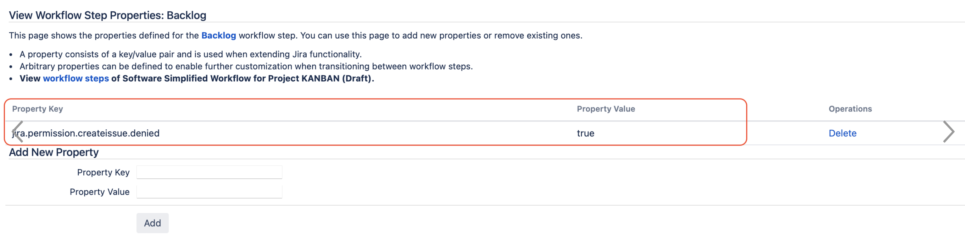 Workflow status property jira.permission.createissue.denied