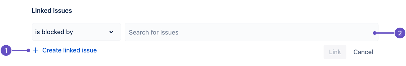 Annotated view of a search bar for issues with a create linked issue button.