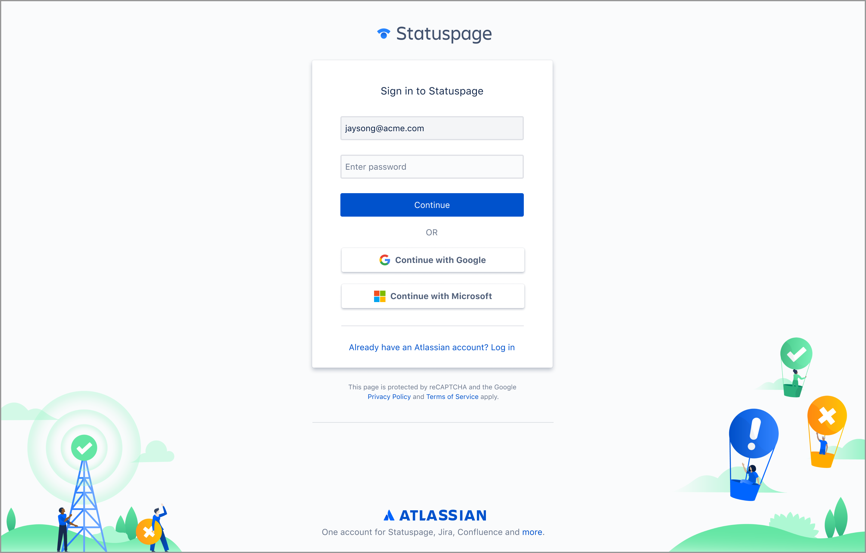 The new log in page to log in with your Atlassian account