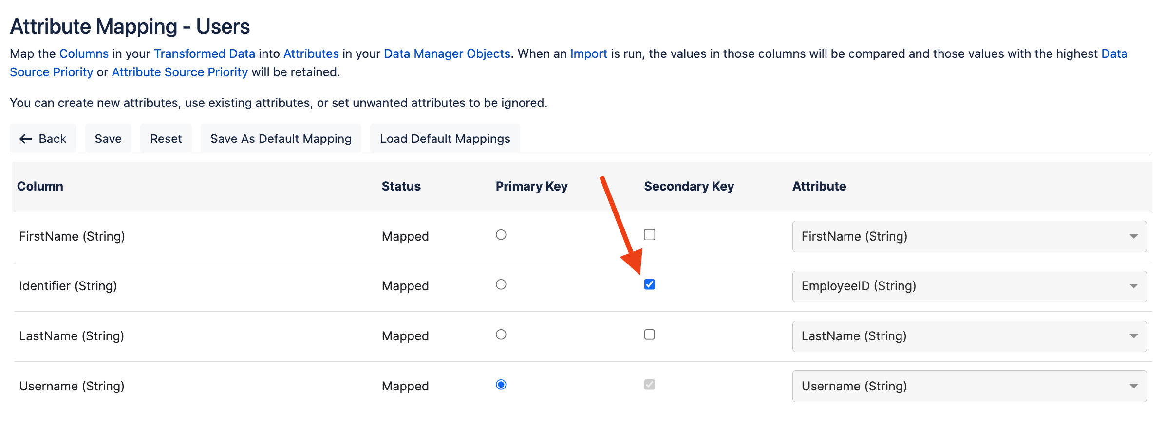Screenshot of attribute mapping settings. The Identifier string is mapped as a secondary key.  All attributes have a status of "Mapped".