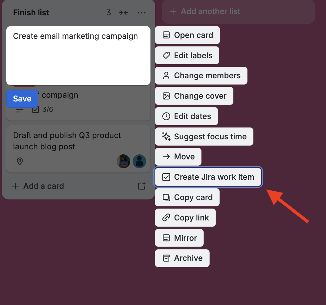 Trello card front showing the "Create Jira work item" suggestion prompt on a regular card.