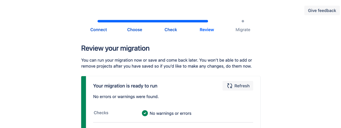 "Review your migration" screen in the migration assistant.