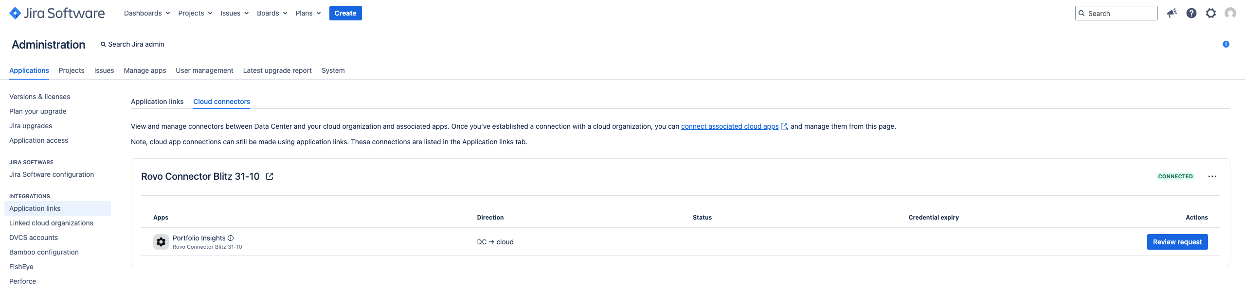 Cloud connectors screen in Confluence Data Center admin with Review request option for Portfolio Insights connector
