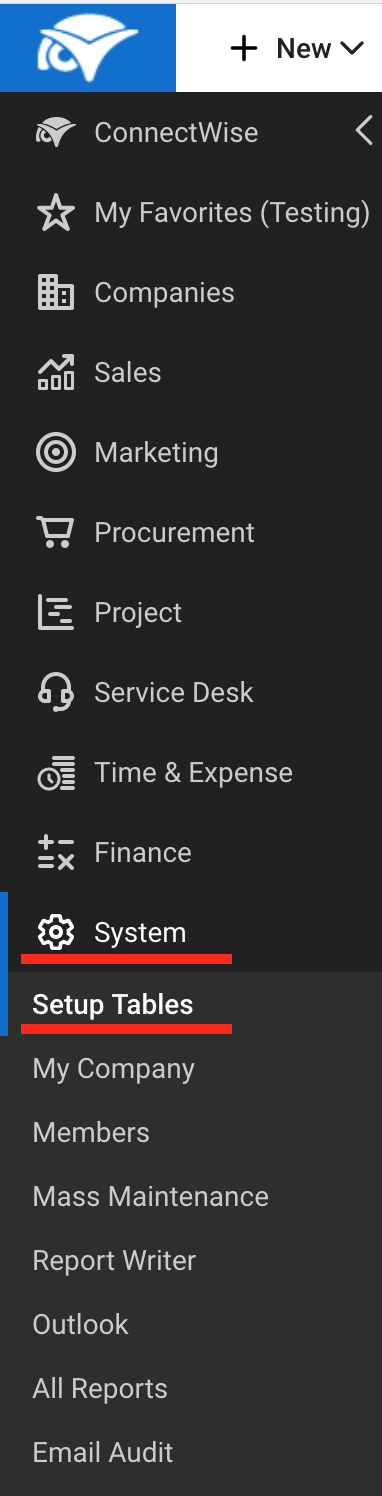 ConnectWise Manage setup tables