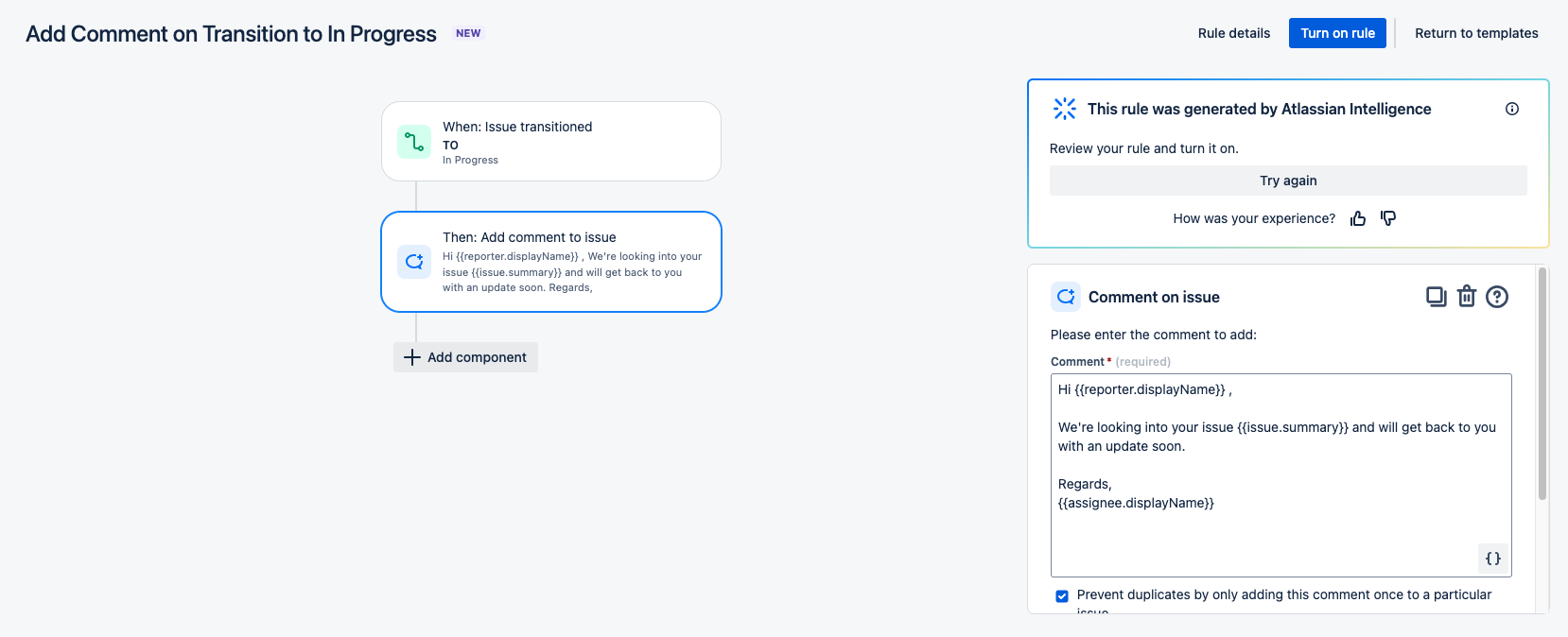 Smart values being used to build a rule in Jira automation.