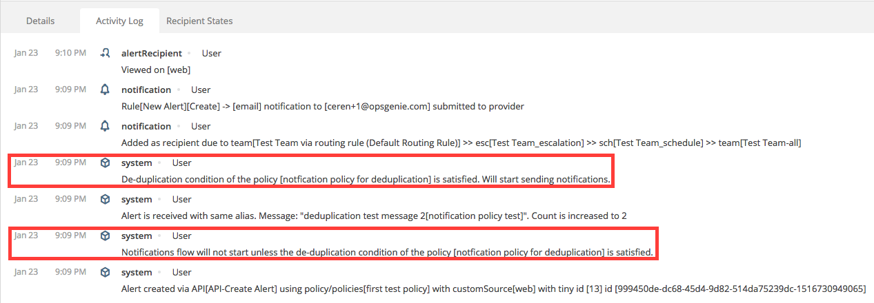 A screenshot showing a sample alert activity log in Opsgenie.