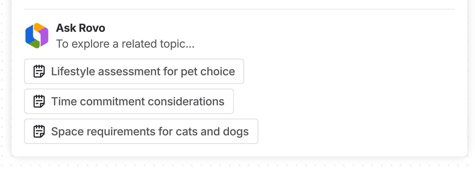 Ask Rovo to explore additional topics based on its AI-generated whiteboard cards.