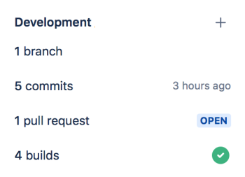 課題に関連するブランチ、コミット、プル リクエスト、ビルドを表示する Jira の開発パネルのスクリーンショット。