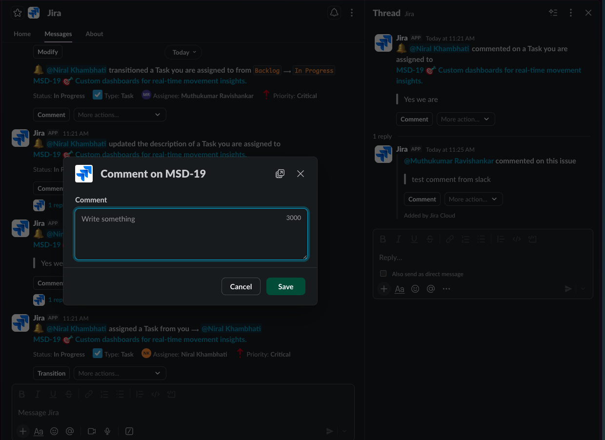 Jira app in Slack, showing comment box from a personal notification