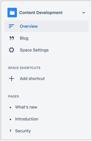 The space sidebar for Confluence, showing pages and blogs.