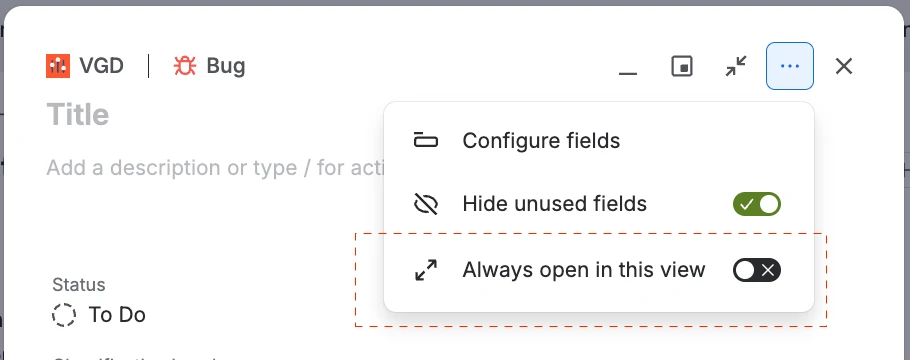 The settings panel on a work item.