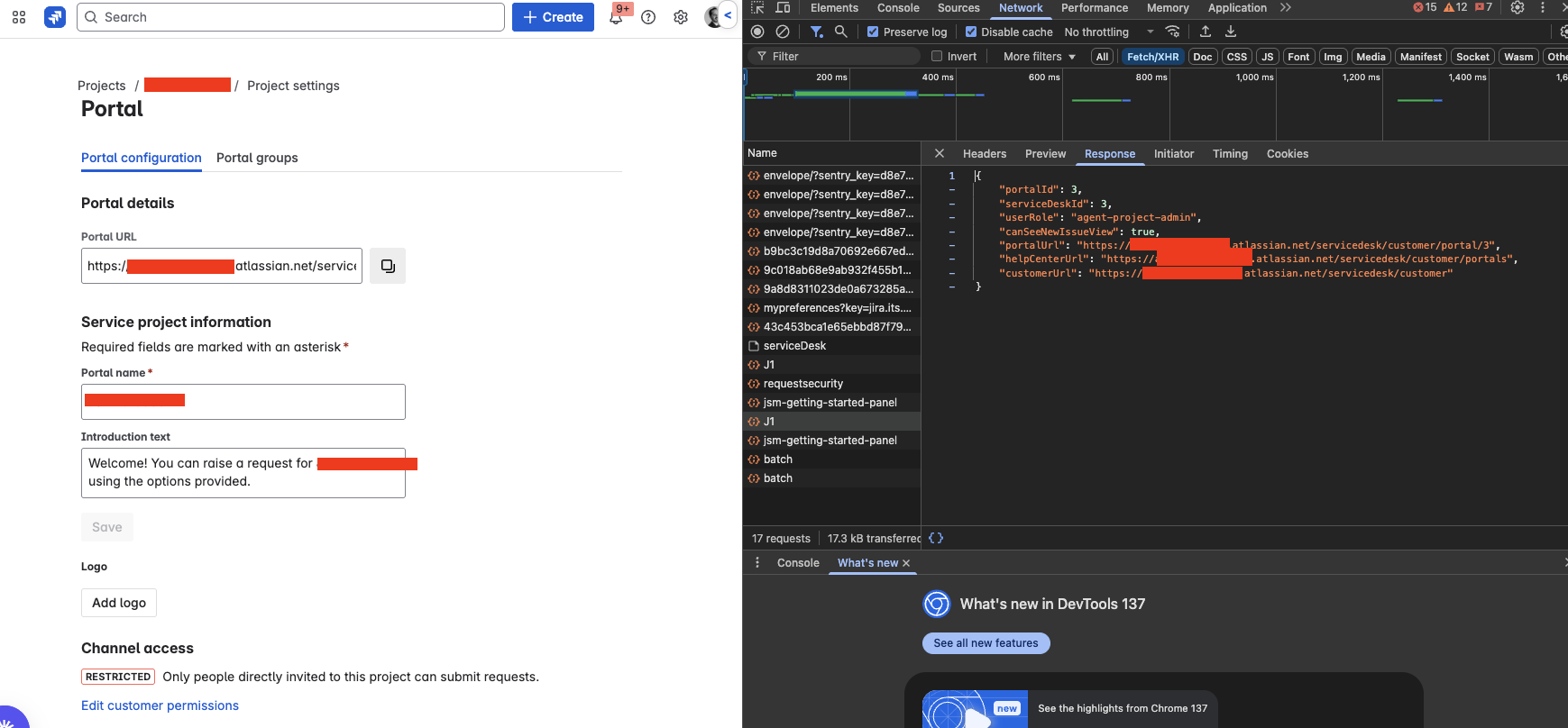  screenshot of the Jira Service Management portal configuration page, showing the portal details, service project information, channel access settings, and a network response in the browser's developer tools.