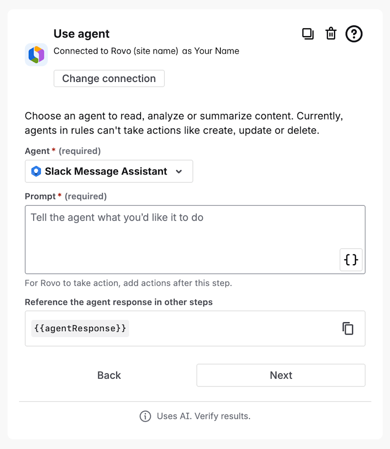 The automation action, Use Rovo agent, shows a field to select an agent to use and a second field to write a prompt.