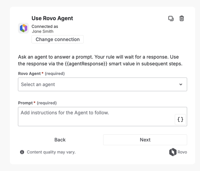 The automation action, Use Rovo agent, shows a field to select an agent to use and a second field to write a prompt.