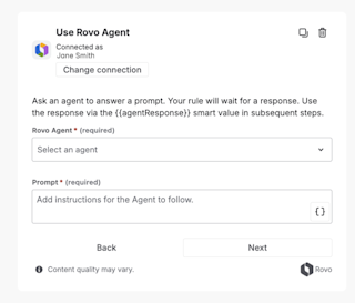 The automation action, Use Rovo agent, shows a field to select an agent to use and a second field to write a prompt.