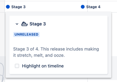 Jira Software Cloud プロジェクト ロードマップのリリースにカーソルを合わせると表示されるフライアウト