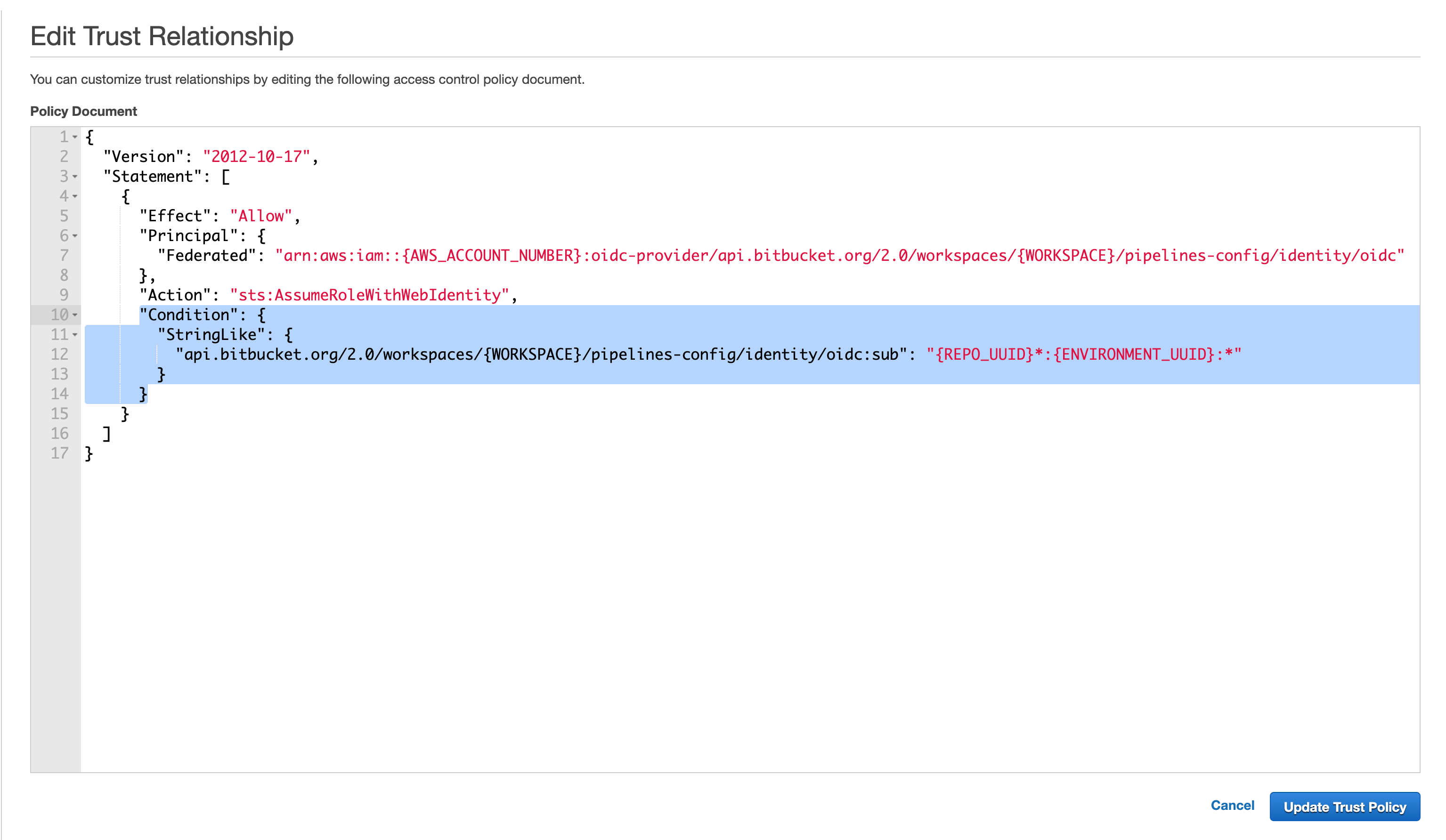 Highlights editing your role trust relationship to limit tokens with an environment sub claim 