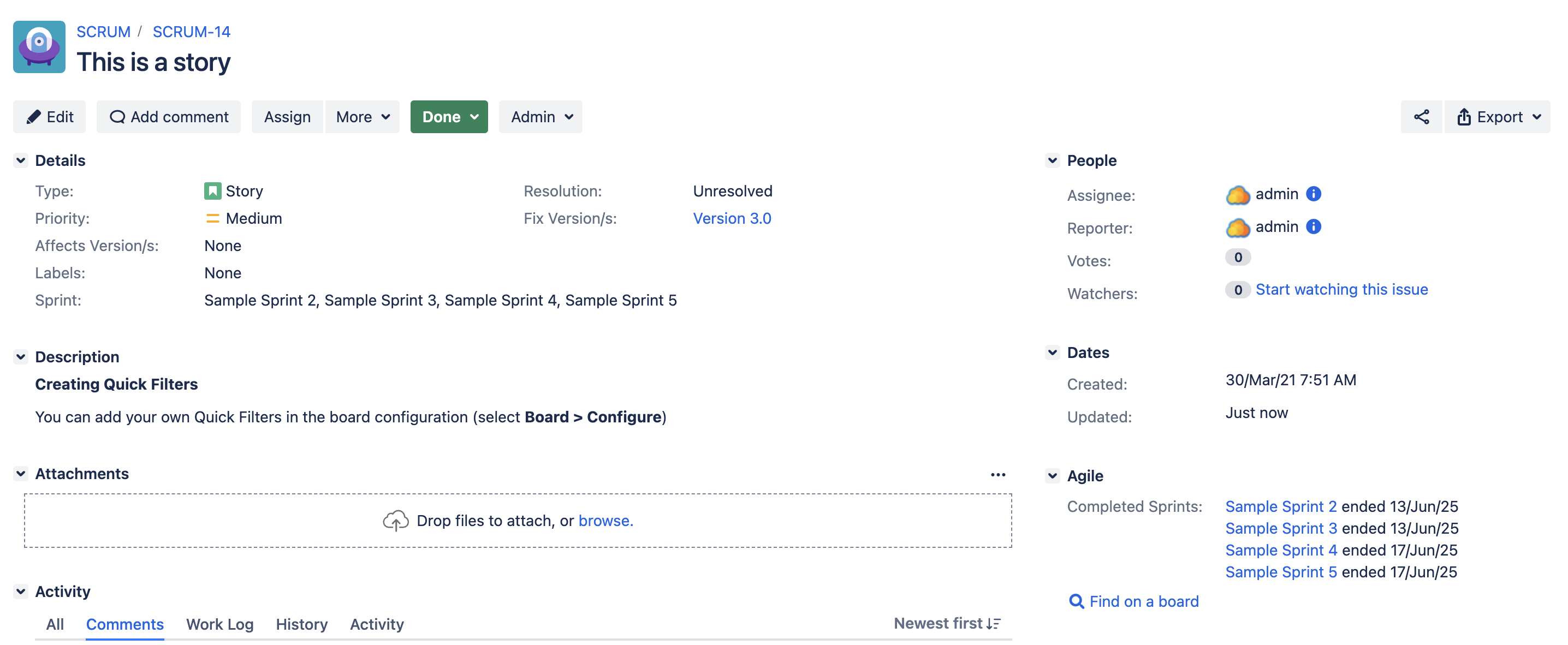 issue detail view of a story. The status is set to [Done]. the status field is in green colour, indicating that the status category is [Done] as well