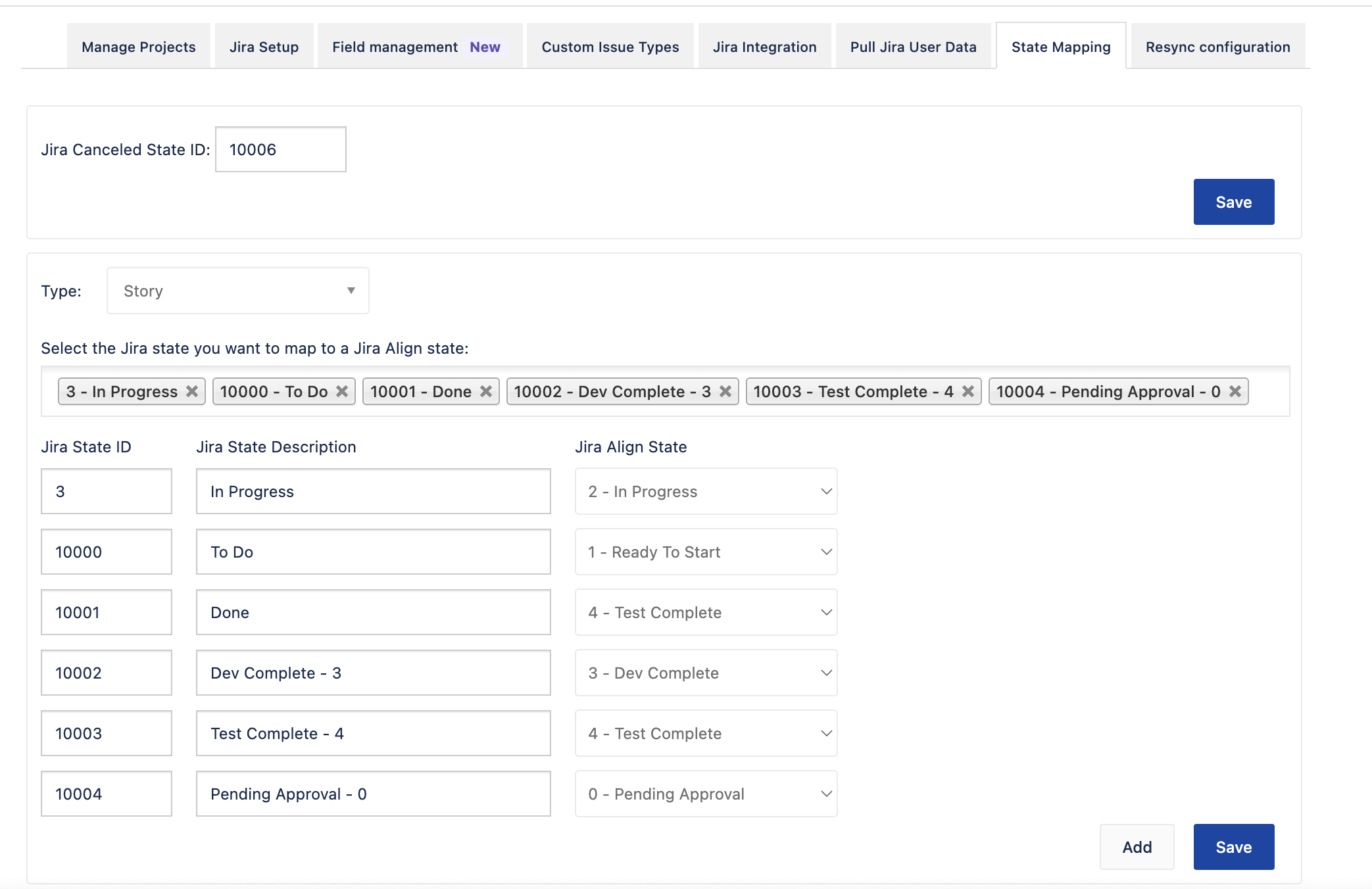 image of screen to map Jira status to Jira Align state