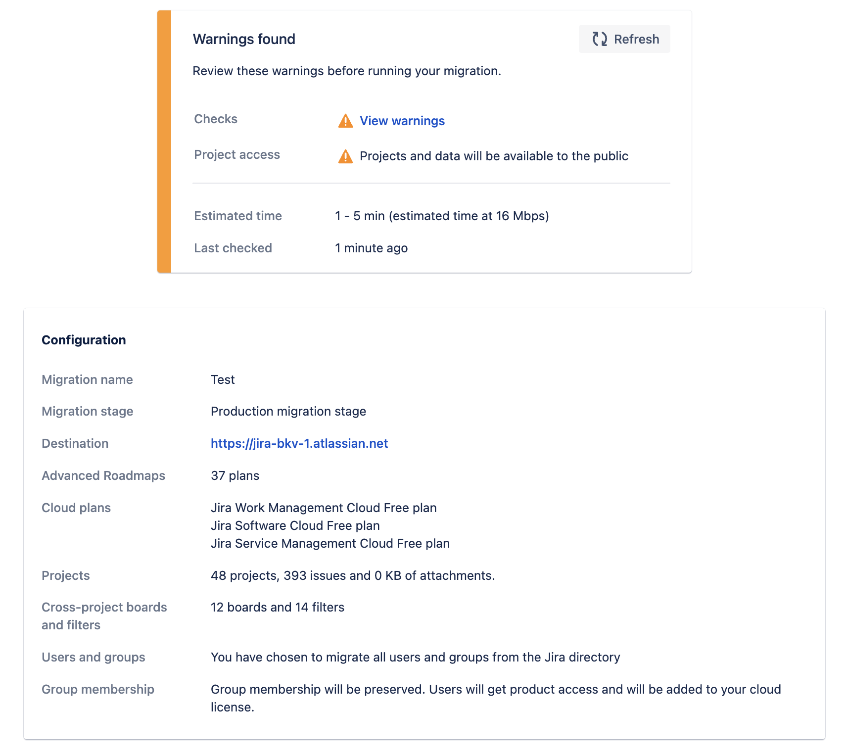 Overview of a migration plan showing configuration details.