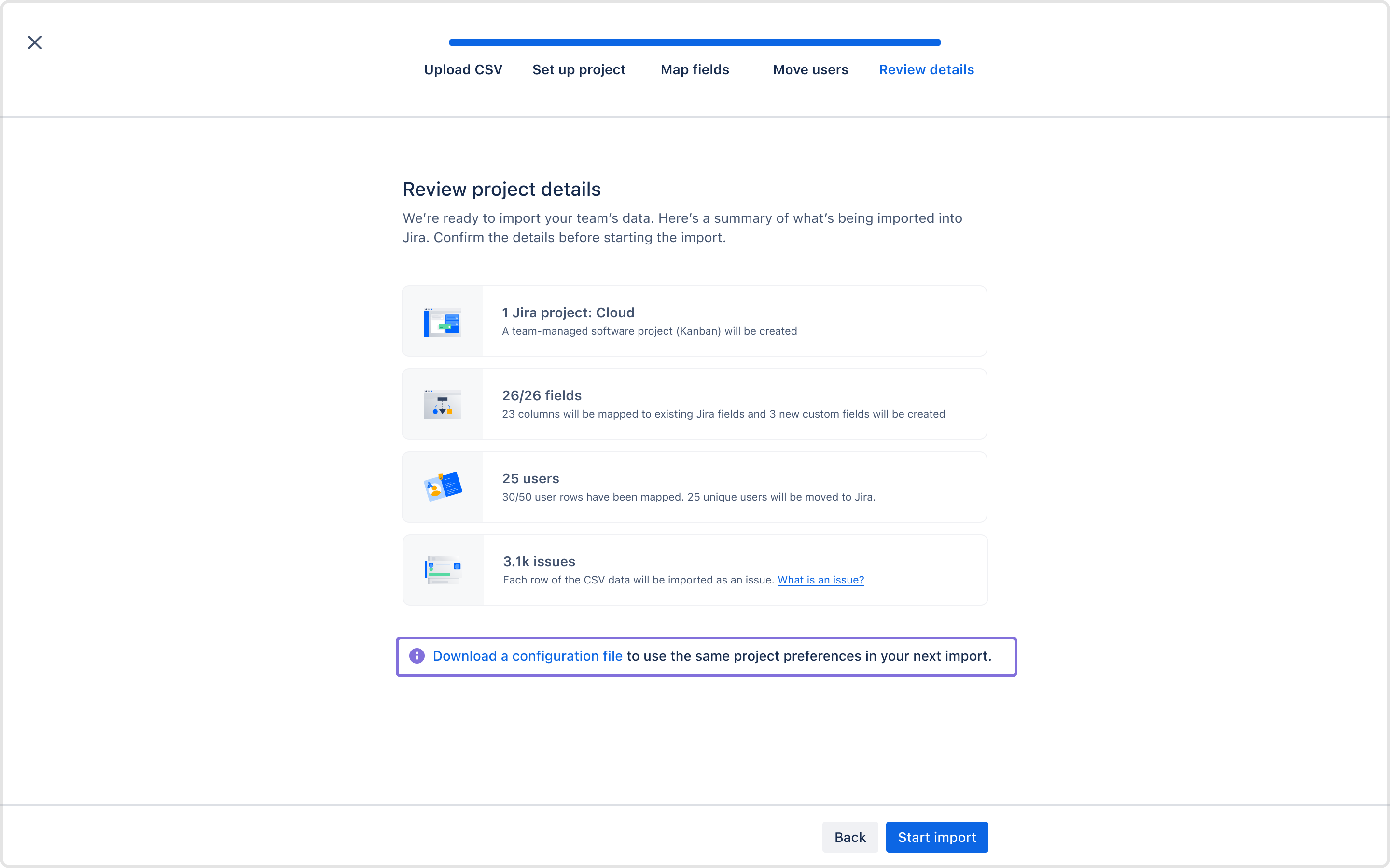  Review project details screen with the Download a configuration file option highlighted.