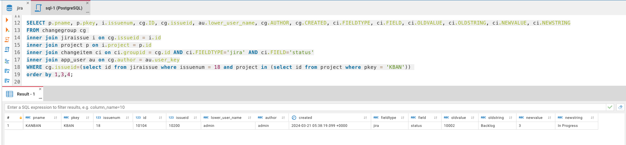 issue history of only status changes from jira database