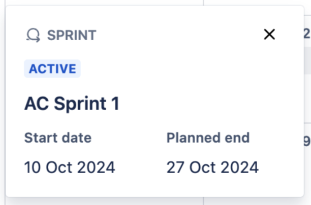 The sprint information window in the calendar view of Plans in Jira Premium