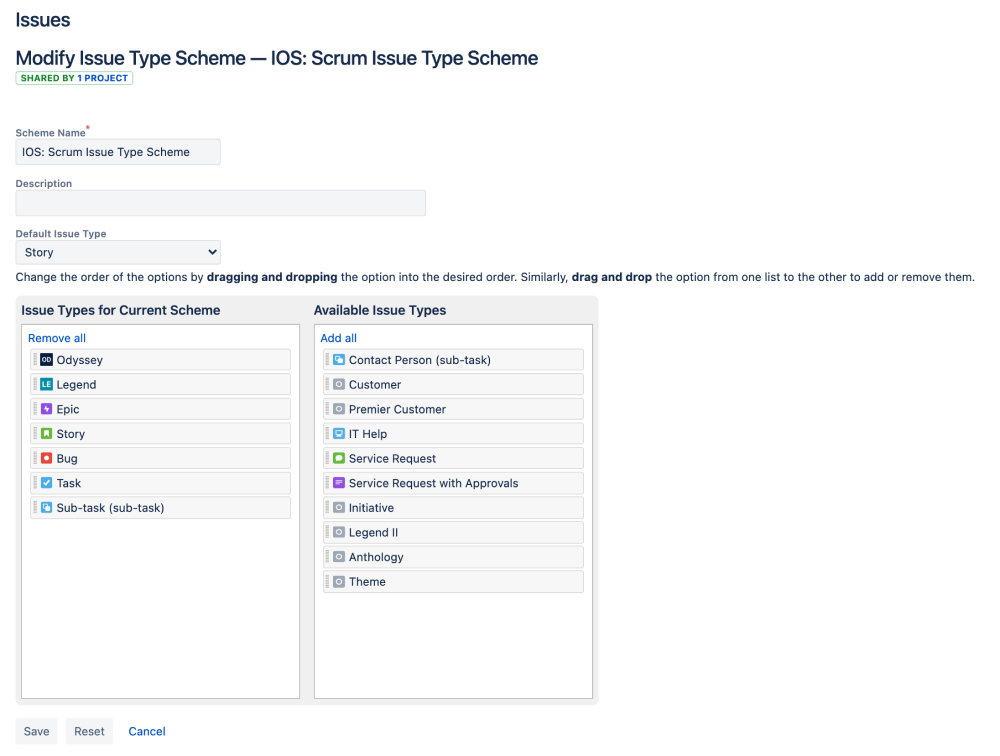 Veronica adds her newly created issue types to her Jira scheme so she can use them in Advanced Roadmaps