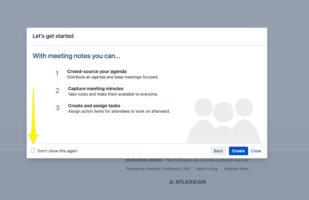 'Let's get started' screen is displayed. In the bottom left-hand corner of the modal, there is a 'Don't show this again' option. Removing the row containing 'skip-how-to-use-blueprint-keys' in the 'os_propertyentry' database table will reset this setting