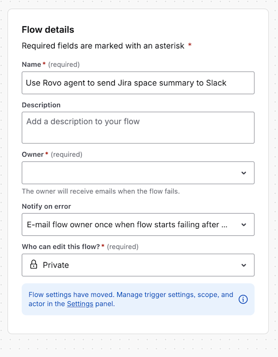 The Flow details panel displaying the Name, Description, Owner, and Notify on error fields