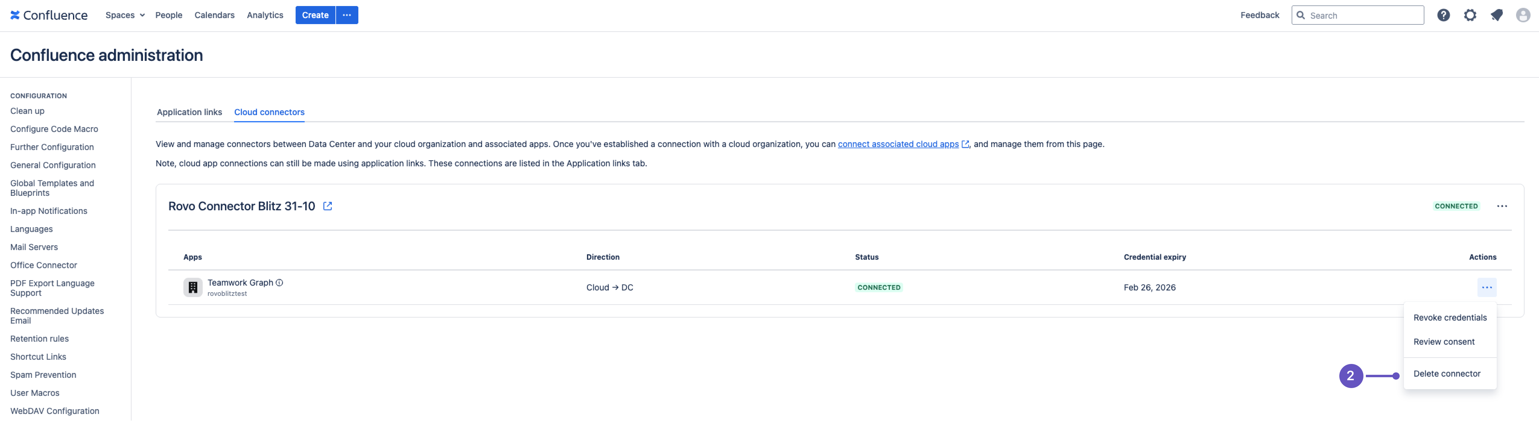 Cloud connectors screen in Data Center with option to delete connector
