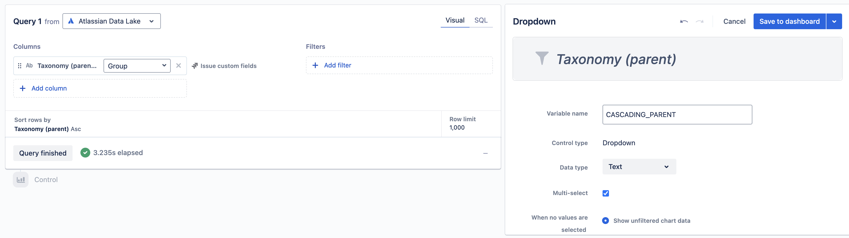 A visual mode query including the Taxonomy (parent) column from the Issue custom fields table.