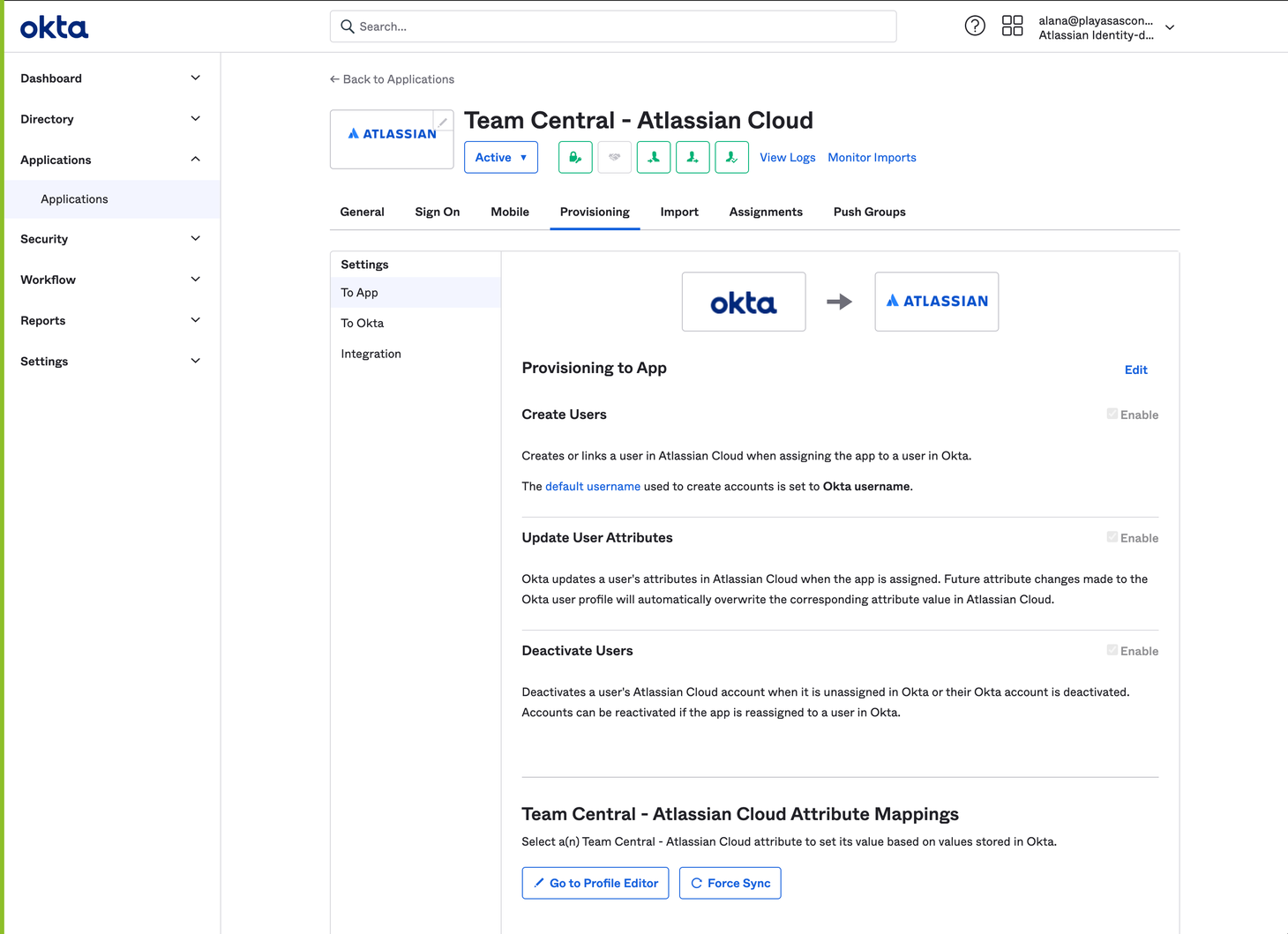 Atlassian Cloud in Okta, showing the provisioning tab.