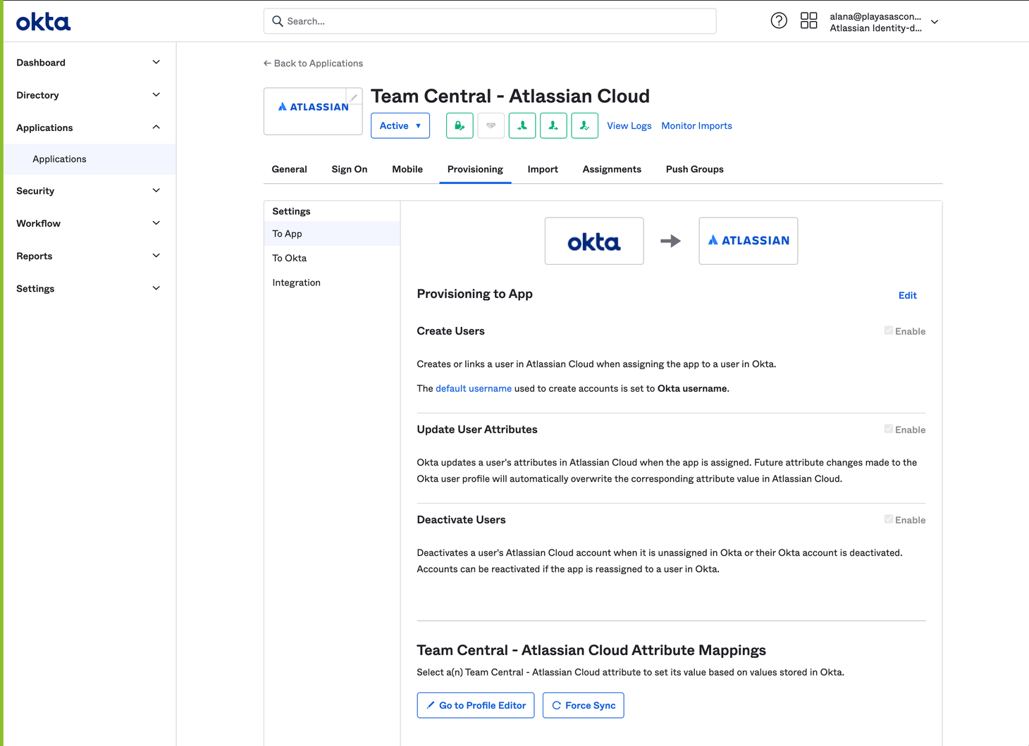 Okta の Atlassian Cloud で [Provisioning (プロビジョニング)] タブが表示されている。