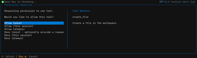 Rovo Dev will ask for permission on first tool use