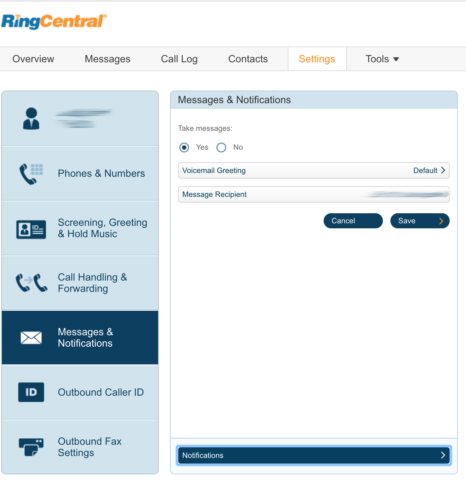 RingCentral 通知タブ